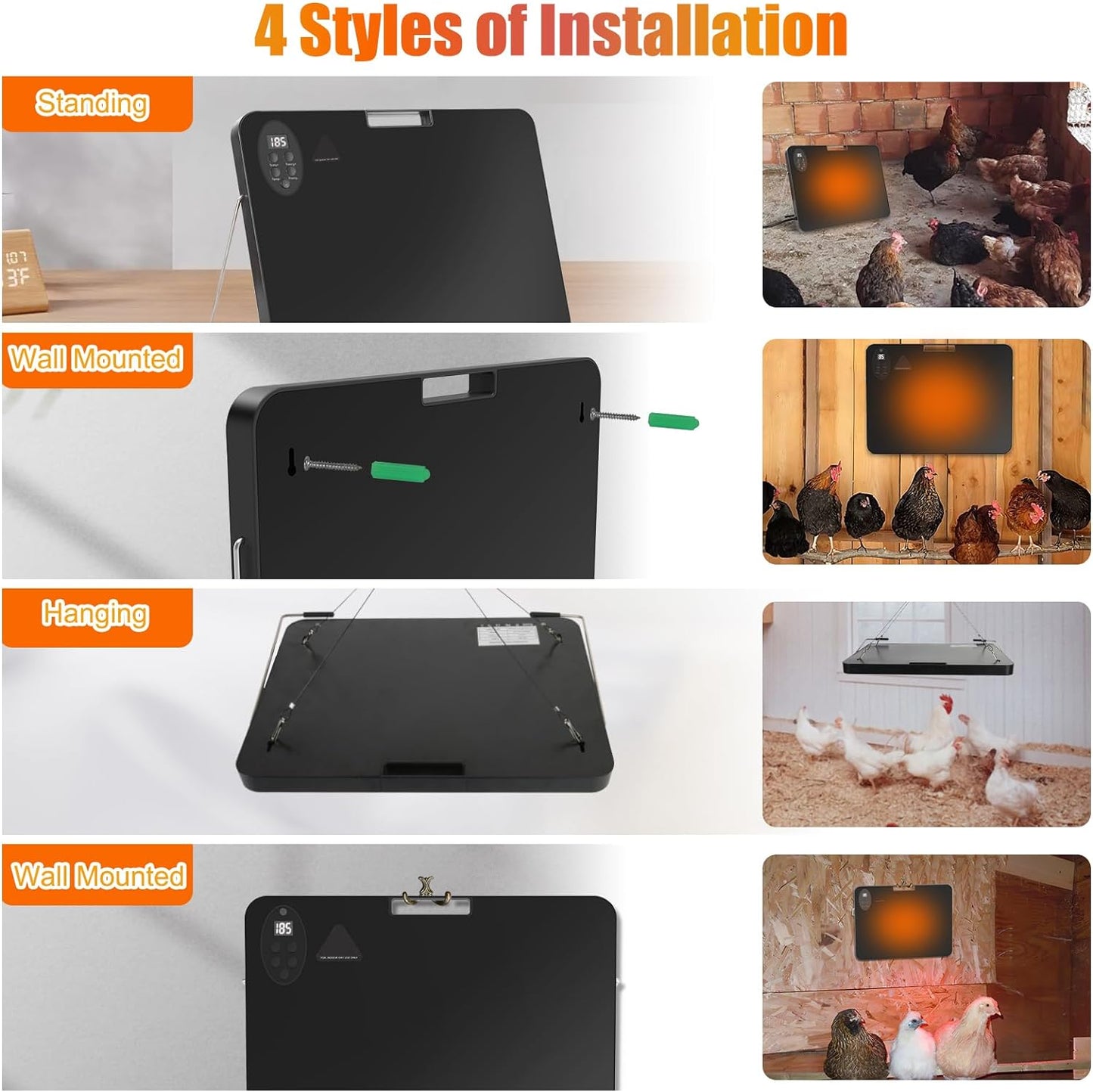 Chicken Coop Heater - 200 Watts UL Listed Chicken Heater with Anti Bite Cord, Adjustable Angle,Digital Display,Timer, 4 Ways to Use,Energy Efficient Safer Than Heat Lamps,Warm for Chicks Poultry Pets